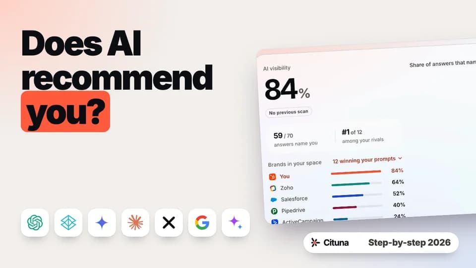 Tutorial thumbnail asking “Does AI recommend you?” beside a Cituna report naming HubSpot in 84% of answers from seven AI engines