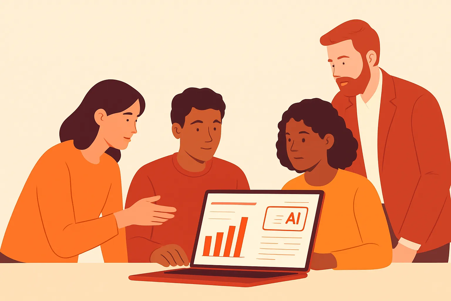Marketing team comparing search dashboards and AI answer visibility results on a laptop