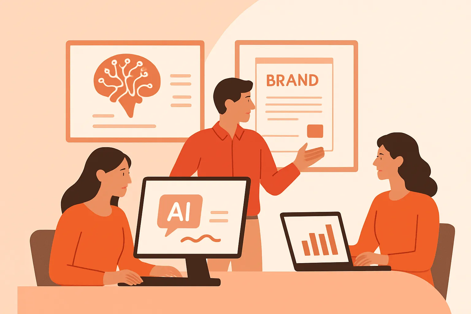 Marketing team reviewing AI answers and brand citations on multiple screens