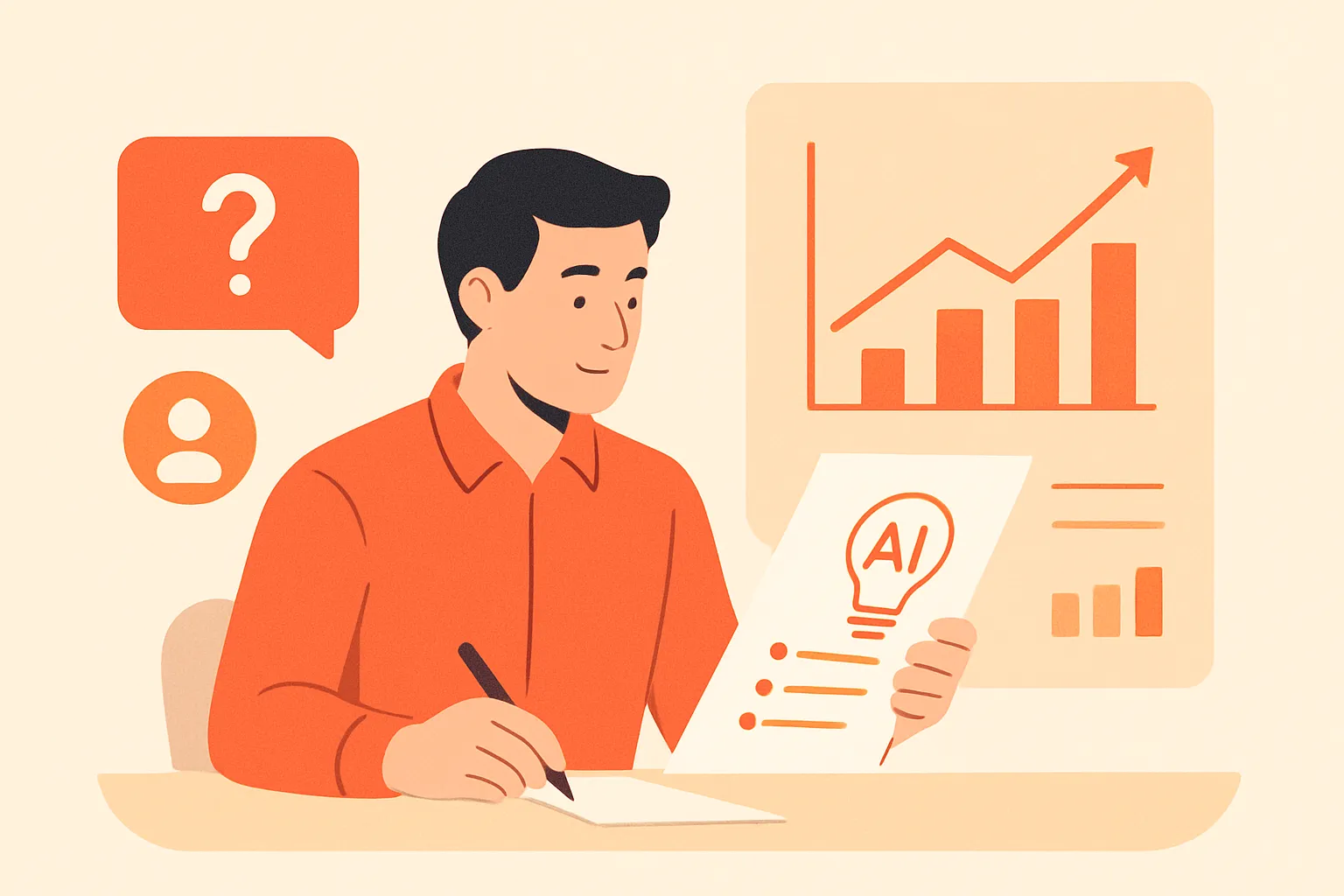 Founder reviewing AI business ideas beside buyer questions and visibility results