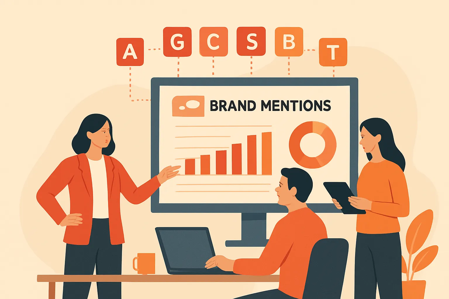 Marketing team reviewing brand mentions and citations across seven AI answer engines