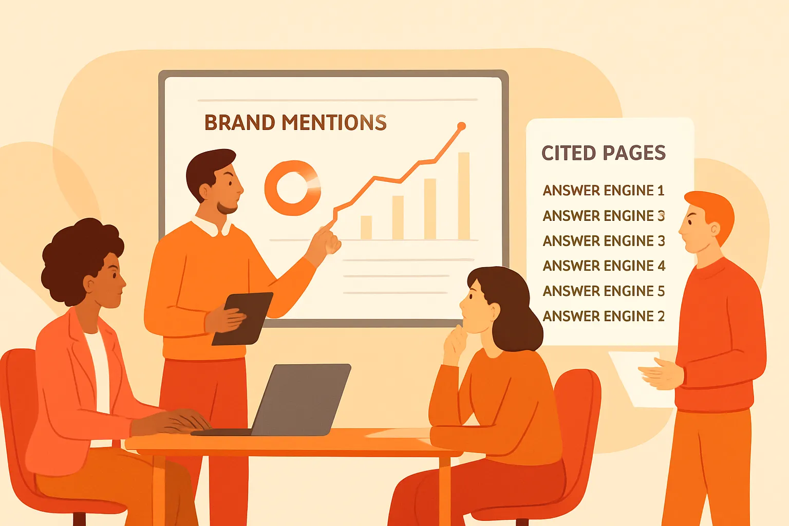 Marketing team reviewing brand mentions and cited pages across seven answer engines
