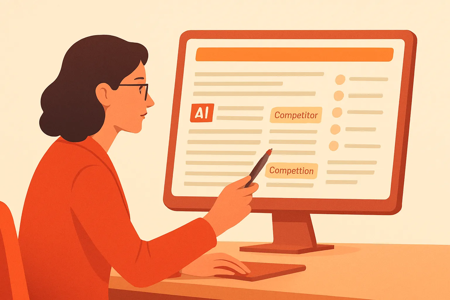 Marketing lead reviewing AI answer audit logs with competitor citations highlighted