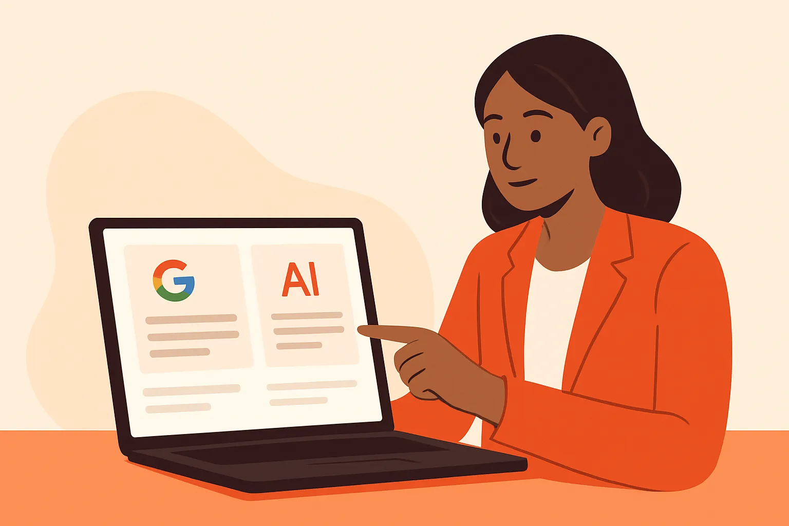 Marketing lead comparing Google rankings with AI answer visibility on a laptop