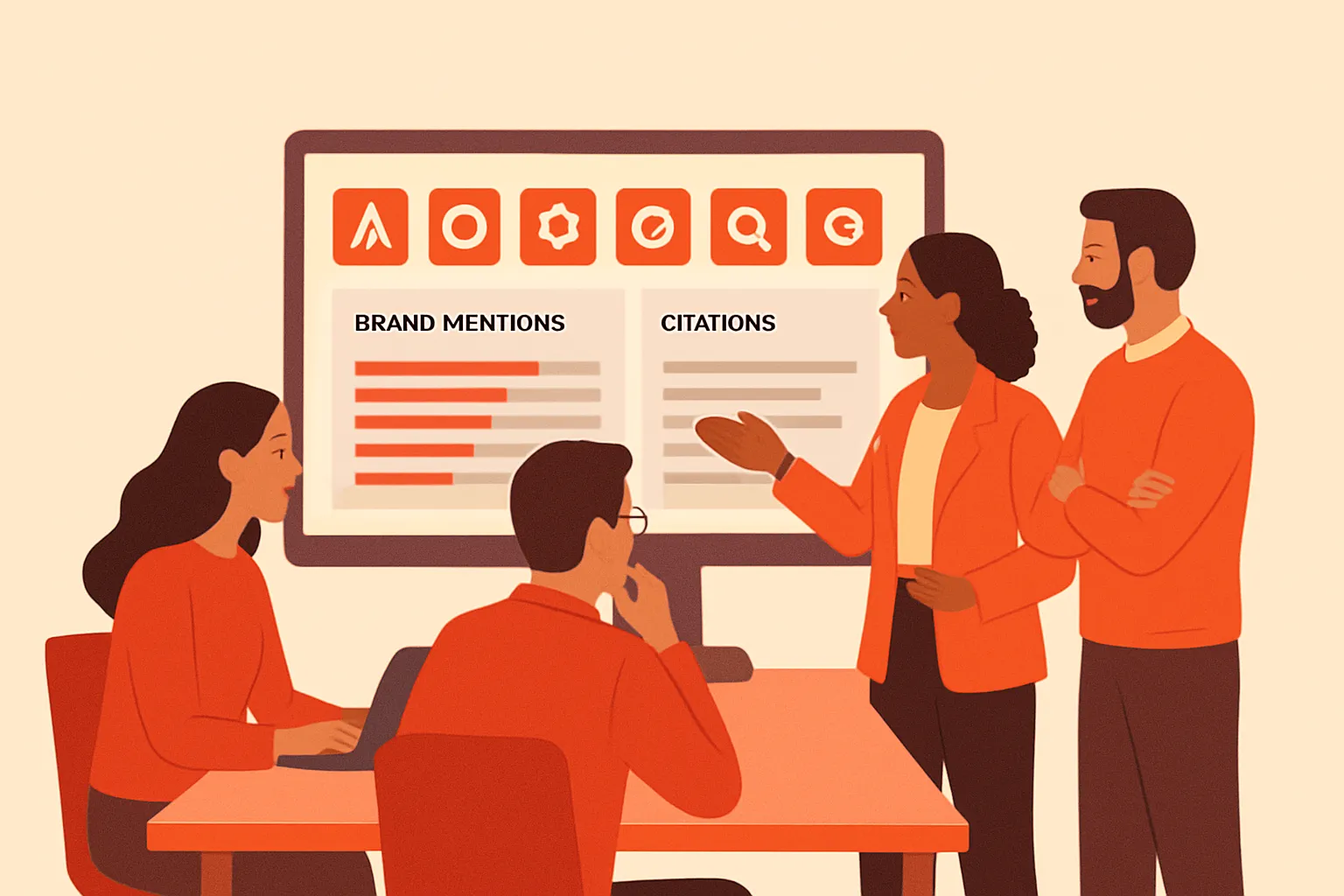 Marketing team reviewing brand mentions and citations across seven AI search engines