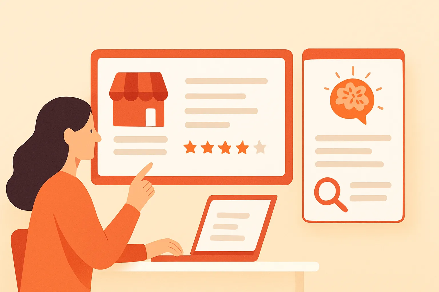 Marketer reviewing a Google Business Profile beside AI answer visibility results