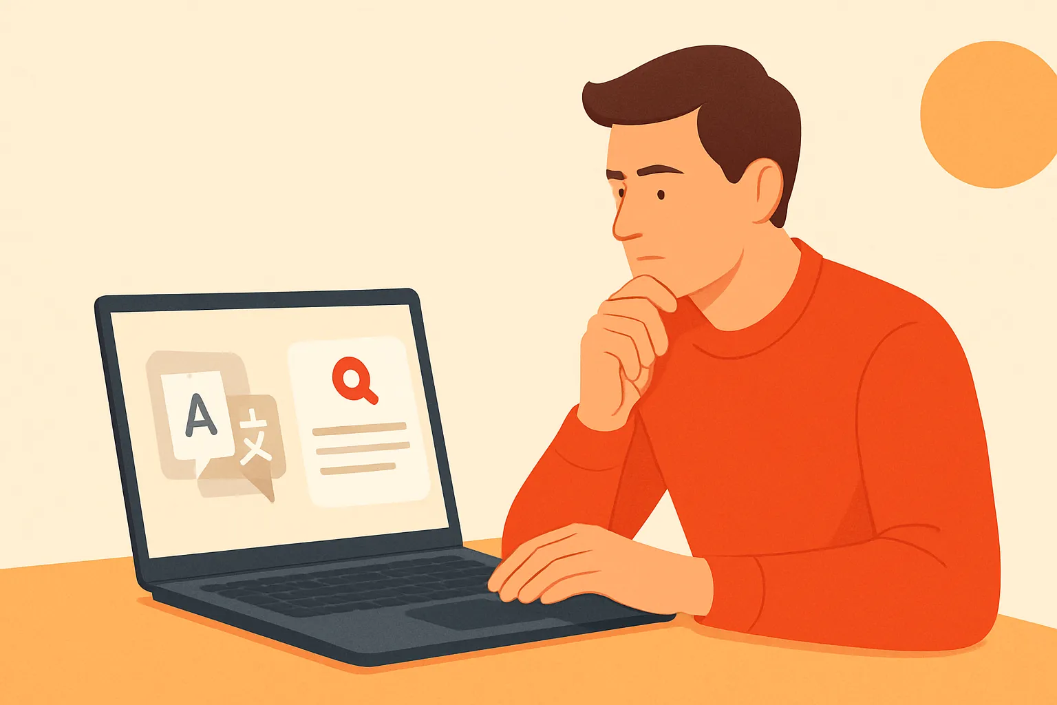 Founder comparing Google Tradutor output with AI search answers on a laptop
