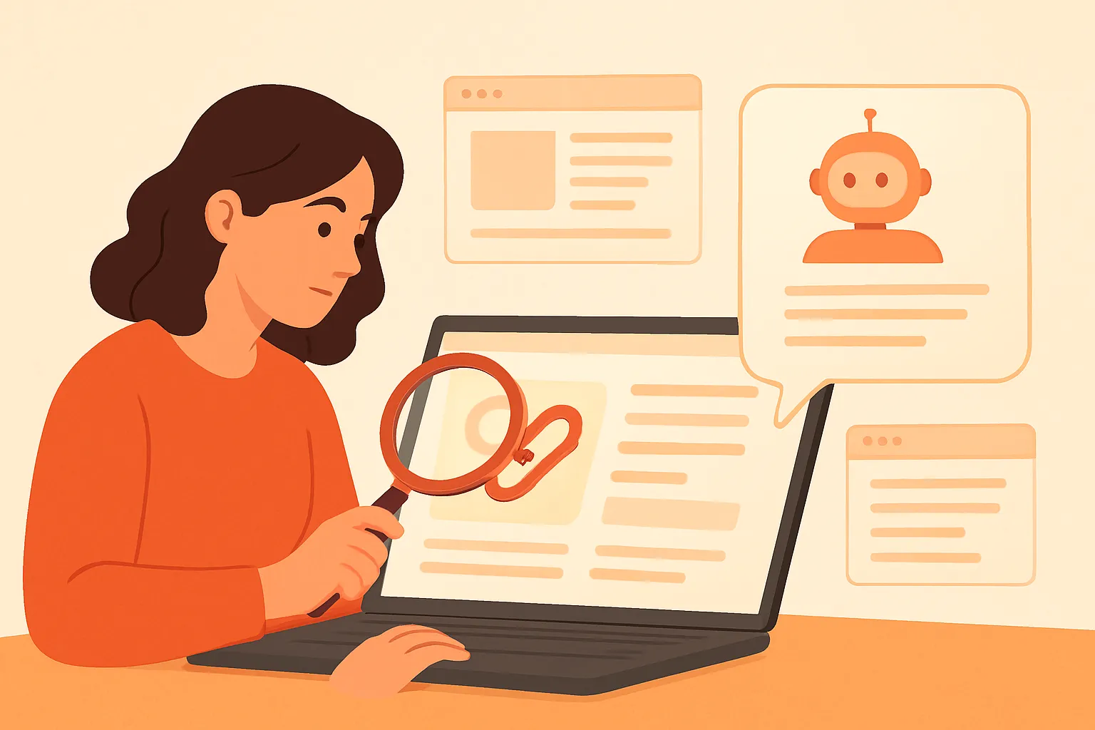 Marketer reviewing backlink source pages beside AI answers that omit the brand