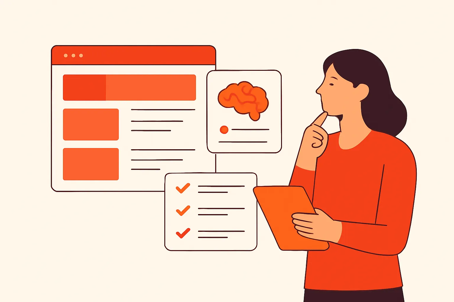 Marketer reviewing AI answers beside website pages and prioritized optimization fixes