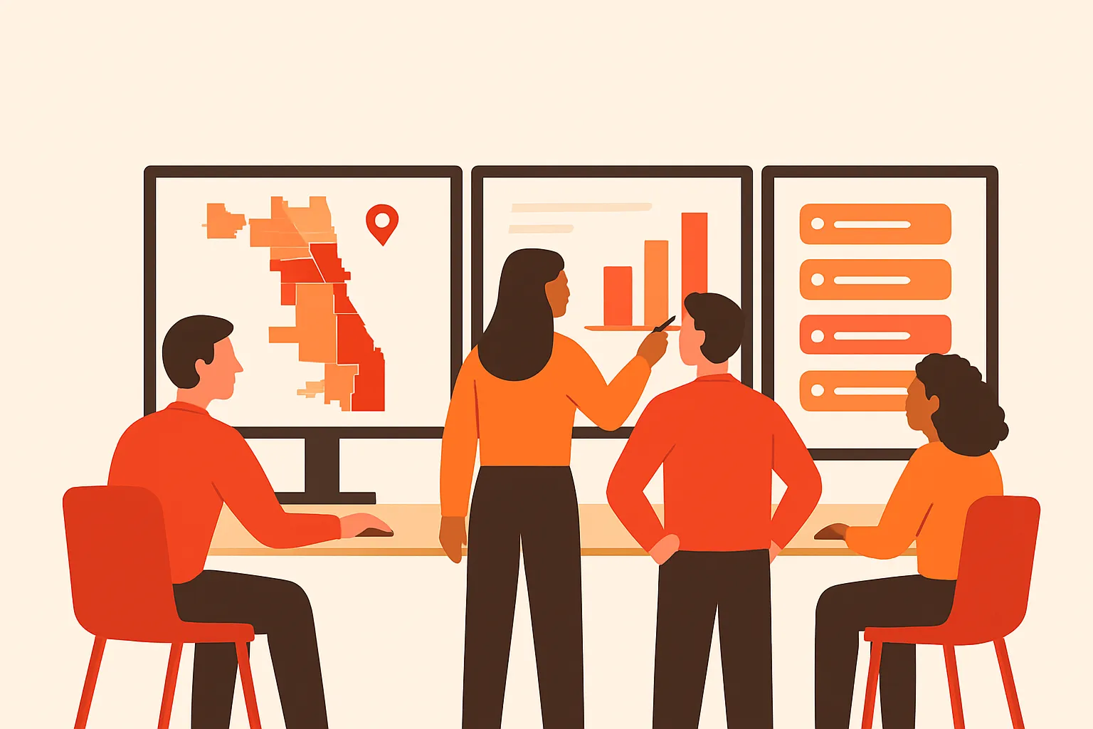 Marketing team comparing Chicago AI search answers by neighborhood on multiple screens