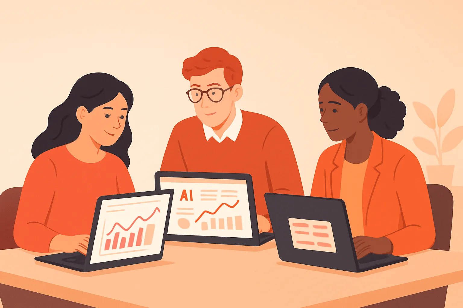 Small marketing team comparing AI visibility dashboards and competitor citations on laptops