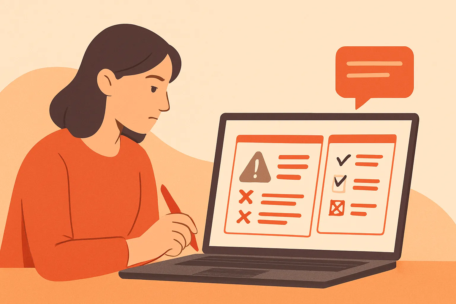 Marketer reviewing structured data errors beside an AI visibility checklist on a laptop