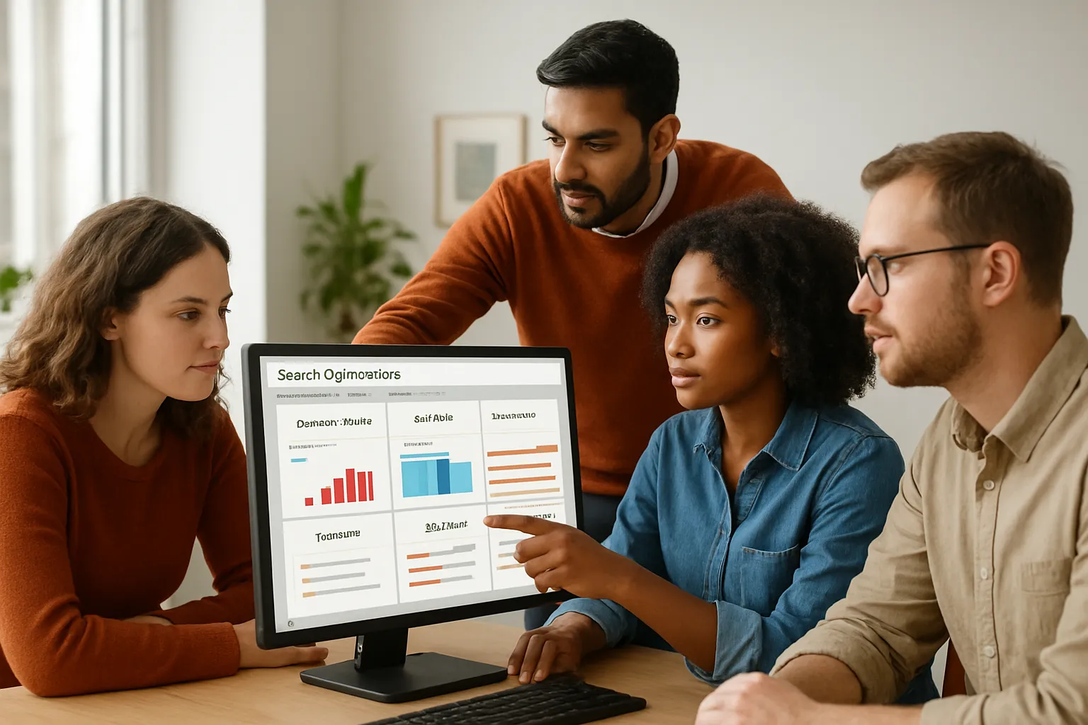 Marketing team reviewing search visibility prompts, citations, competitors and page fixes on a monitor