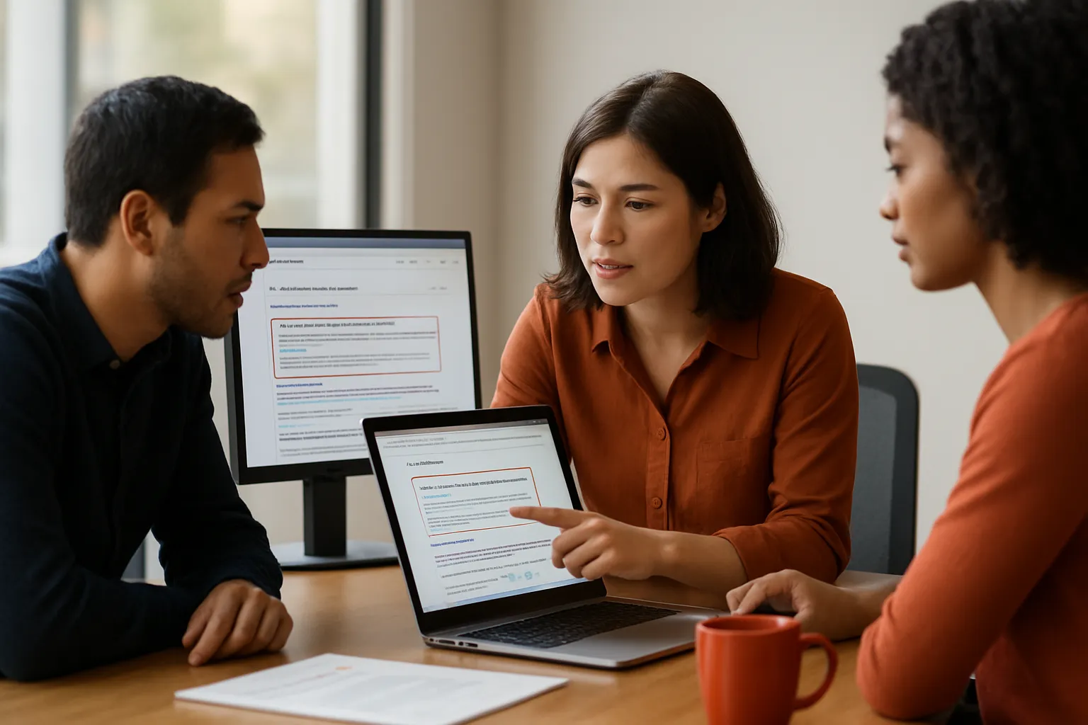 Marketing team reviewing AI answers, cited pages and competitor mentions on multiple screens