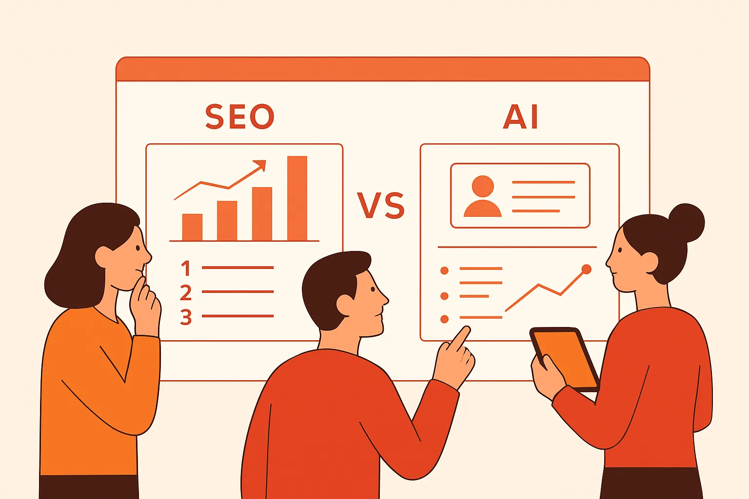 Marketing team comparing search rankings and AI answer citations on a dashboard