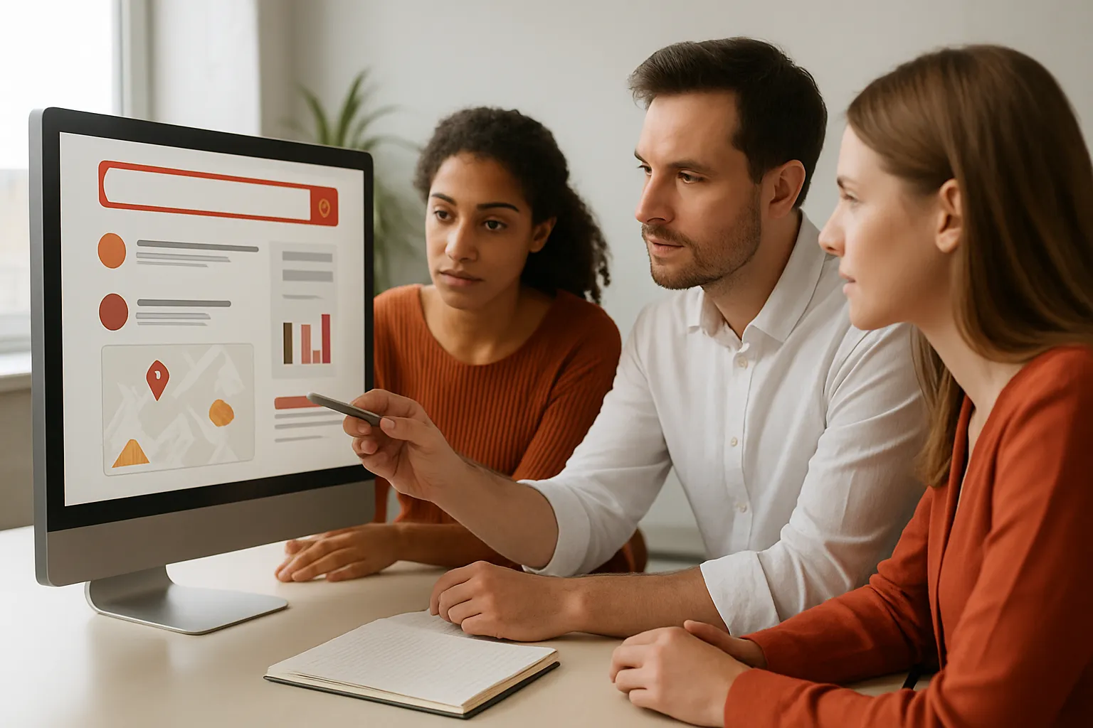 Marketing team comparing GEO companies, engine results, citations, and website fixes on a screen